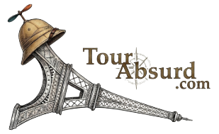 The Eiffel Tower, apparently tipped on its right side, with a pith helmet placed jauntily atop the nearest leg that is up in the air. The pith helmet has a propellar, like a beanie. The text stretching out to the right, descending in steps with each word: Tour (step) Absurd (step) .com.